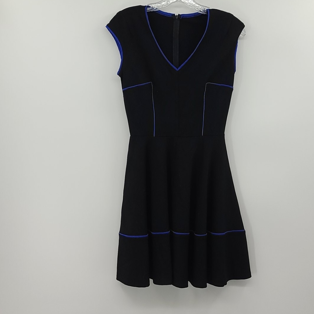 Black fit and flare dress with royal blue piping